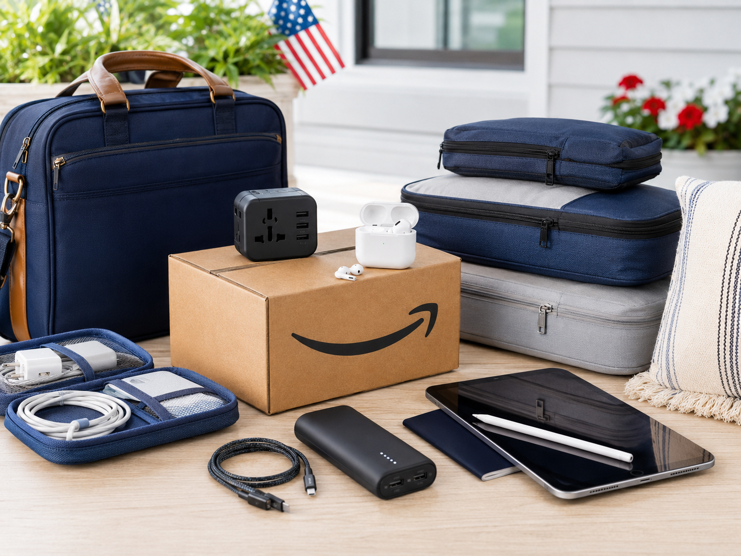 Amazon Memorial Day tech and travel essentials with power bank, earbuds, travel adapter, packing cubes, and weekend bag.