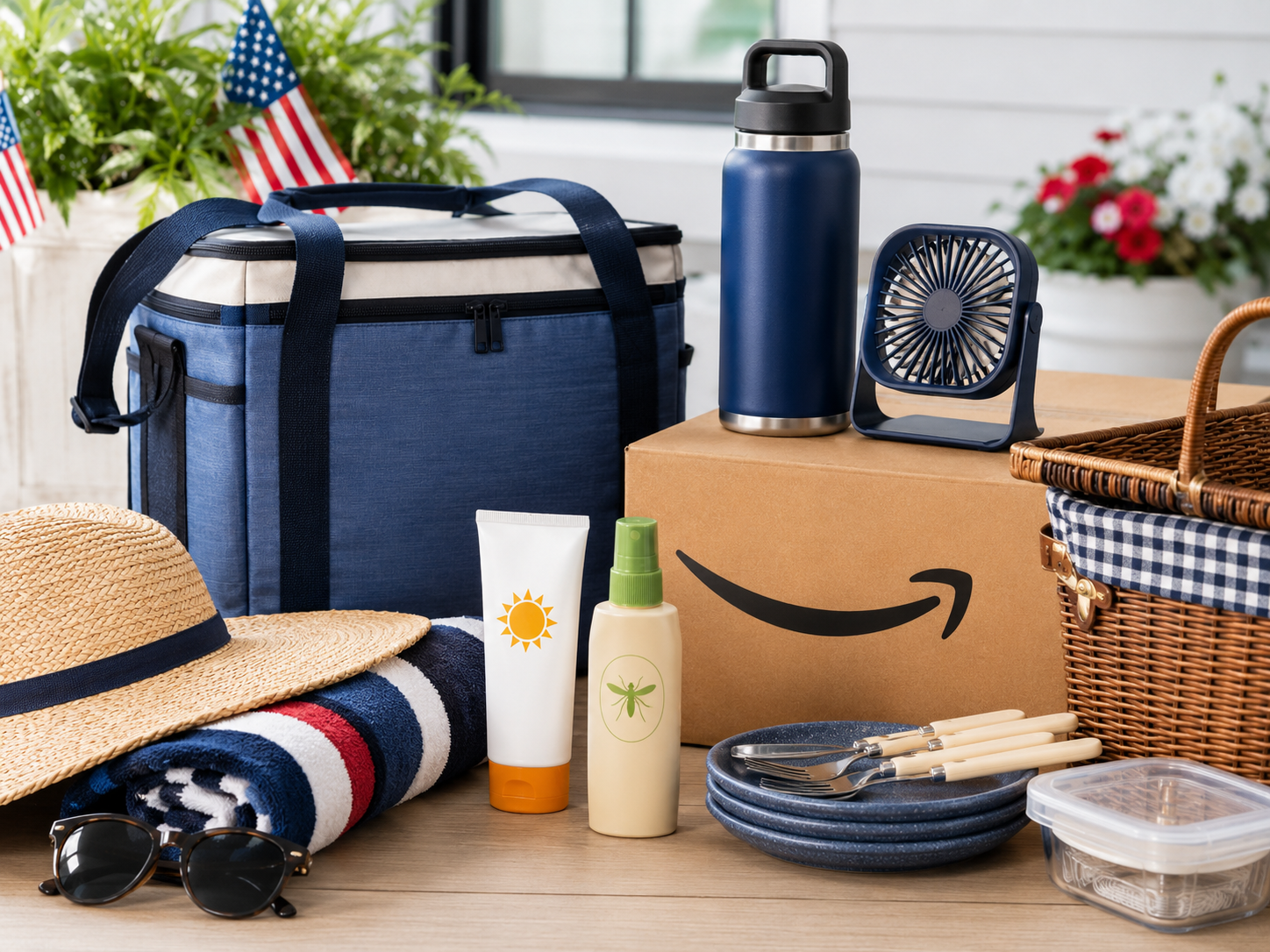 Amazon Memorial Day summer essentials with cooler bag, sunscreen, bug spray, fan, drinkware, picnic basket, and outdoor accessories.