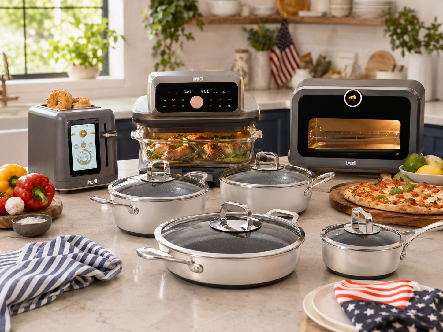 Livwell-style kitchen setup with cookware, air fryer, toaster, pizza oven, and Memorial Day hosting essentials.