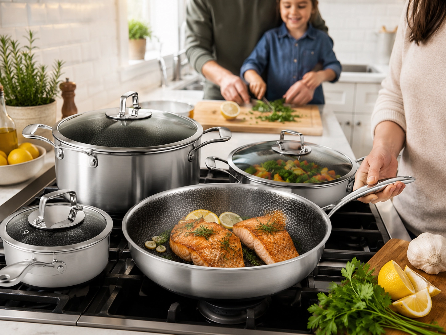 Livwell-style DiamondClad cookware on a stovetop with salmon, vegetables, and family meal prep in the background.