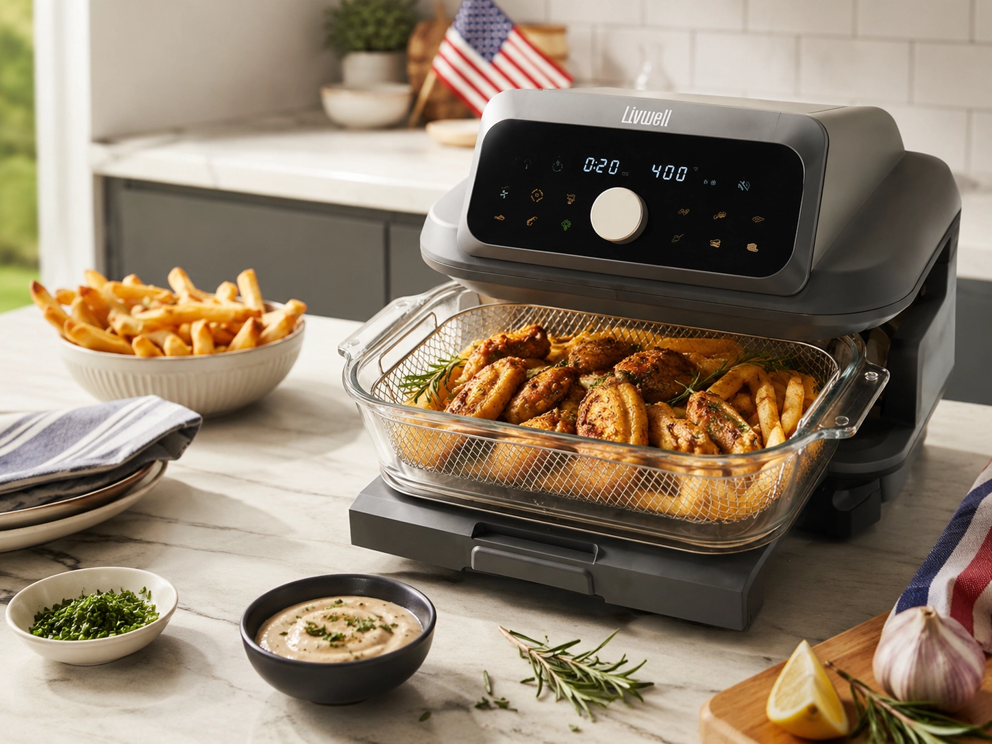 Livwell-style glass container air fryer with crispy chicken wings, fries, herbs, and Memorial Day kitchen details.