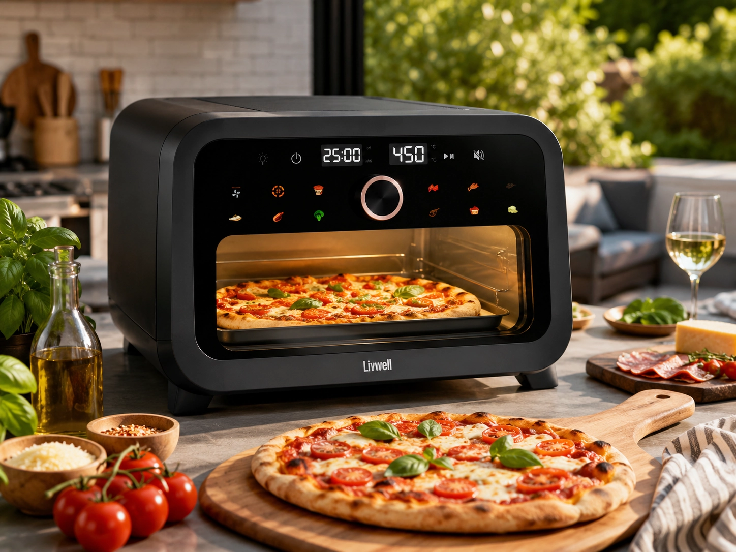 Livwell-style indoor outdoor air fryer pizza oven with pizza, tomatoes, basil, and summer hosting ingredients.