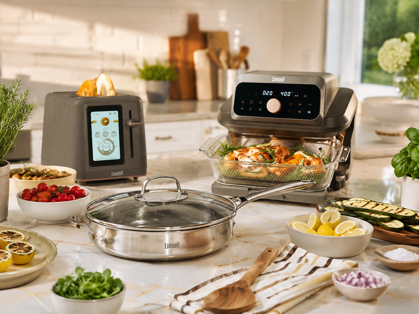 Livwell-style cookware and appliances with fresh vegetables, toaster, air fryer, and kitchen tools for summer hosting.