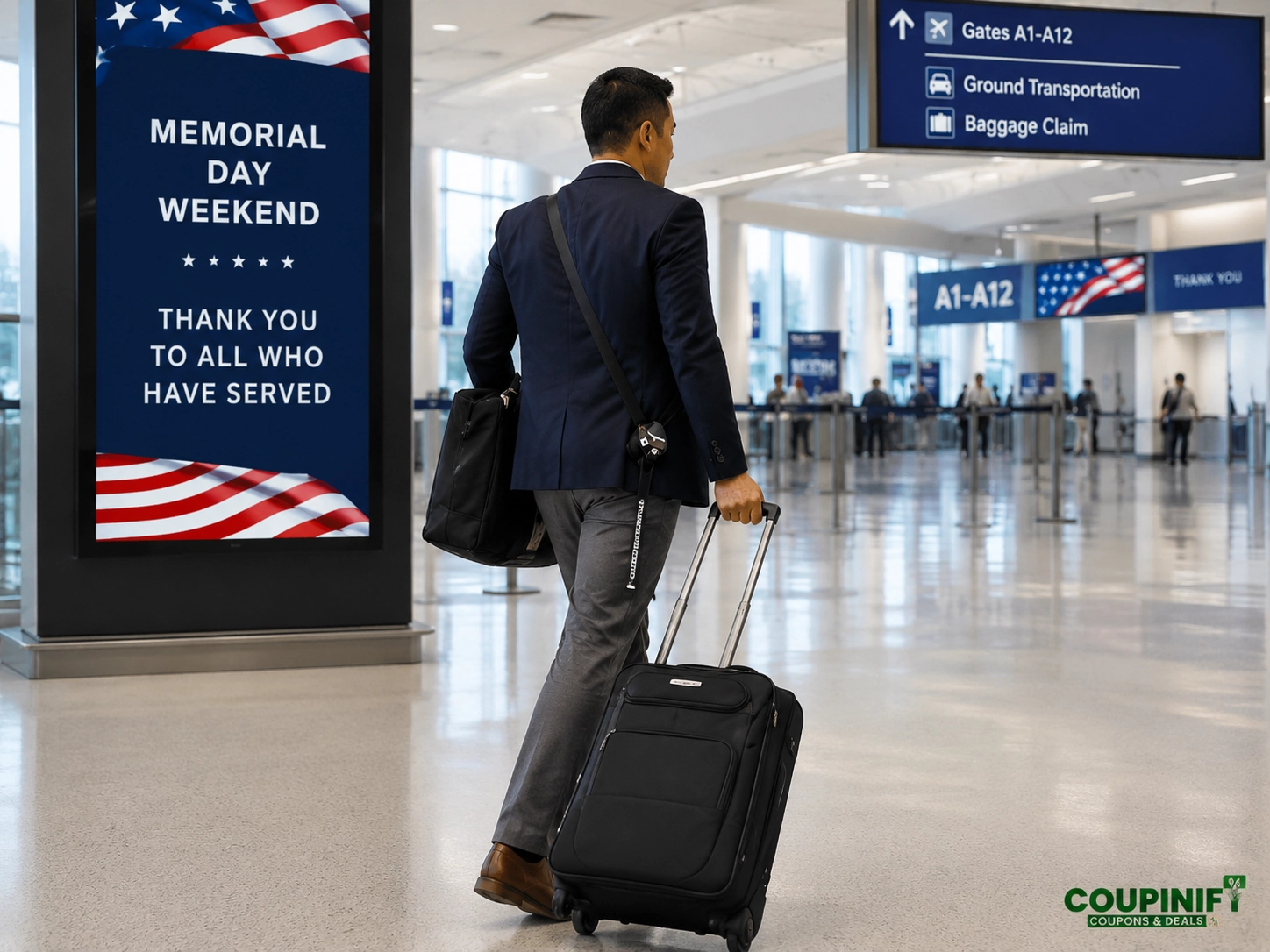 Traveler using a hands-free luggage strap with carry-on luggage during Memorial Day airport travel.