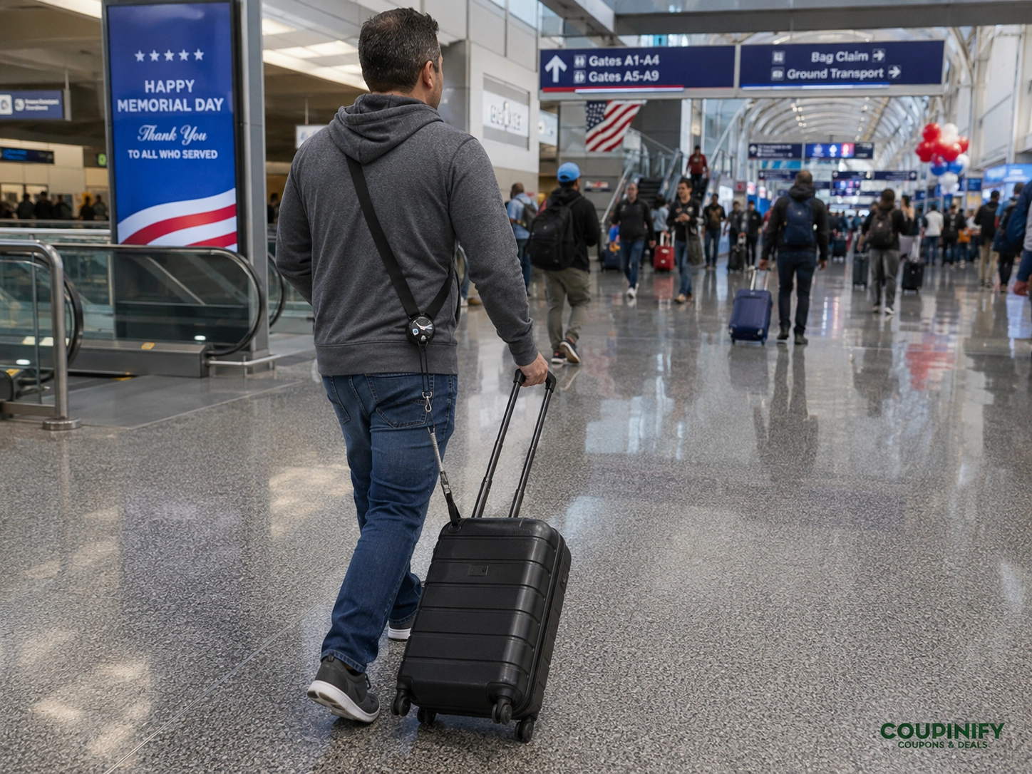 Traveler moving through a busy airport terminal with a hands-free luggage strap attached to a carry-on suitcase.