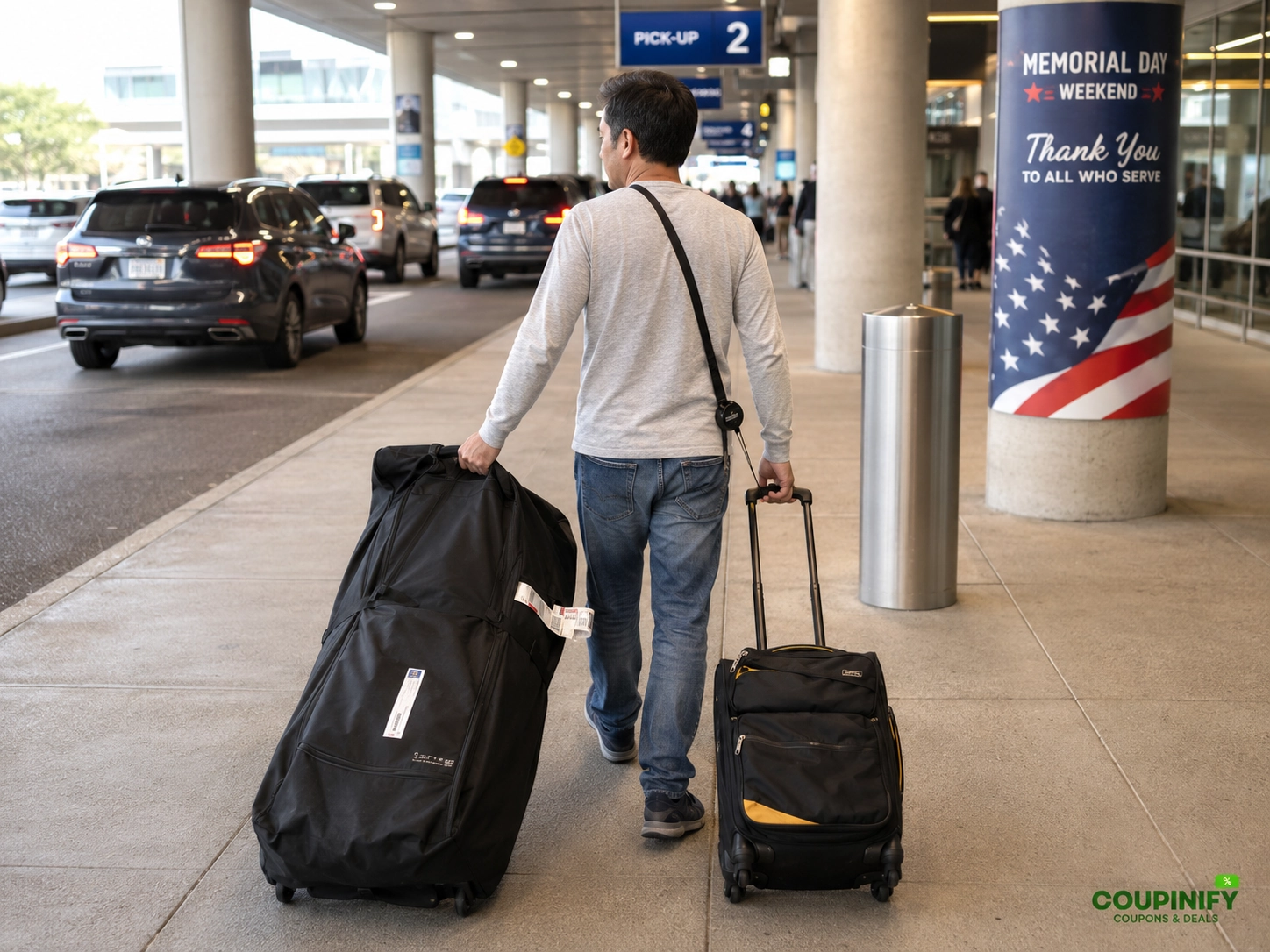 Traveler using a hands-free luggage strap while moving luggage through airport curbside pickup.