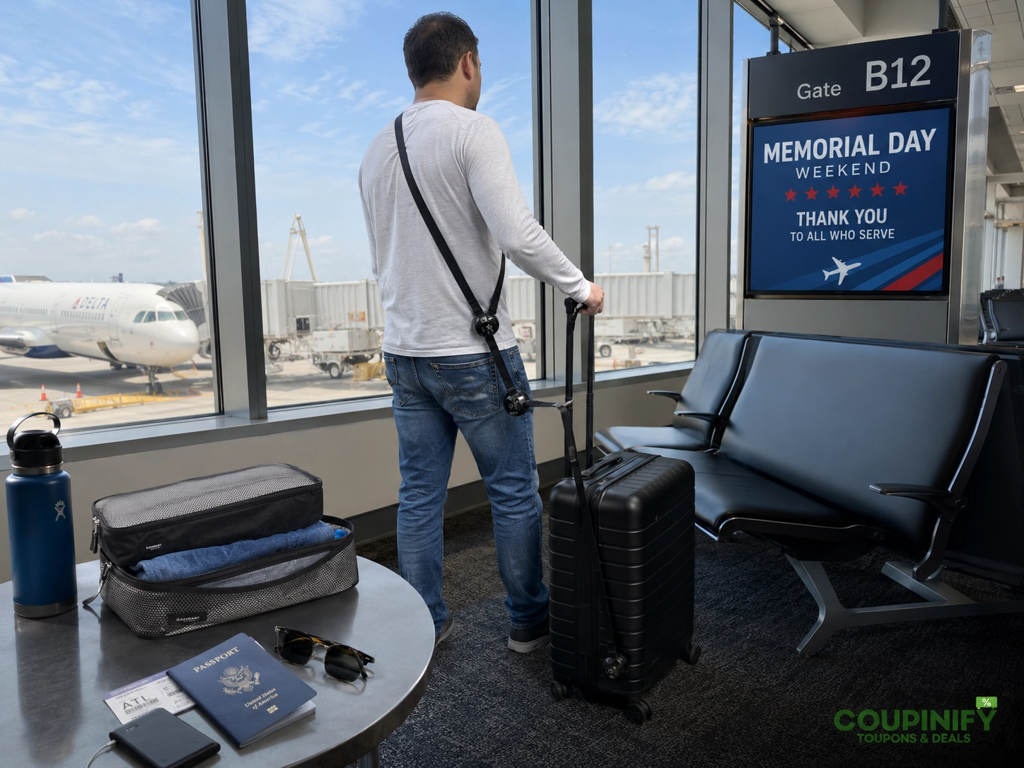 Carry-on suitcase with hands-free strap, packing cubes, passport, portable charger, and travel accessories for Memorial Day travel.