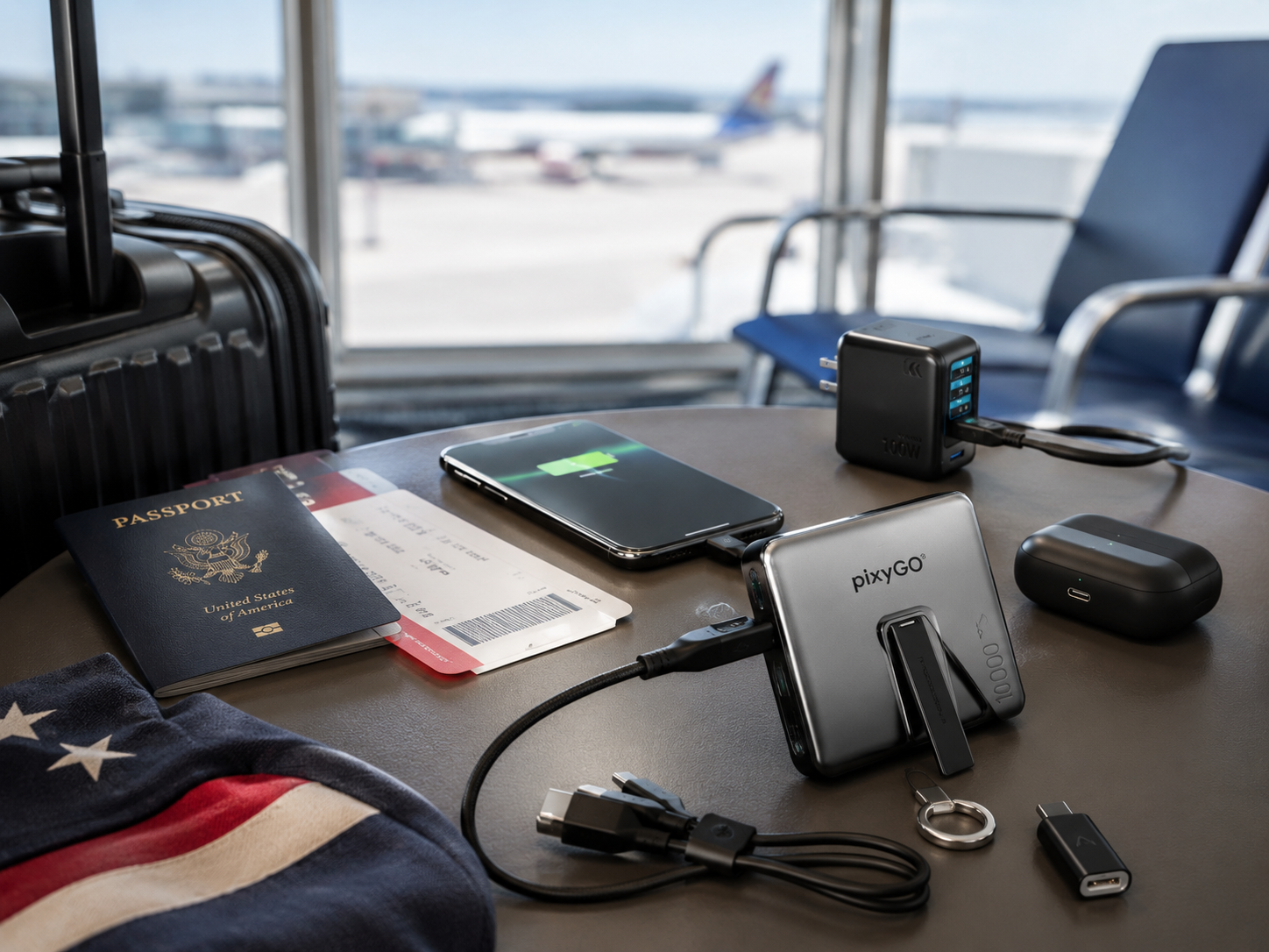 Futurizta Tech-style travel charging setup with phone, power bank, universal cable, travel charger, and Memorial Day trip essentials.