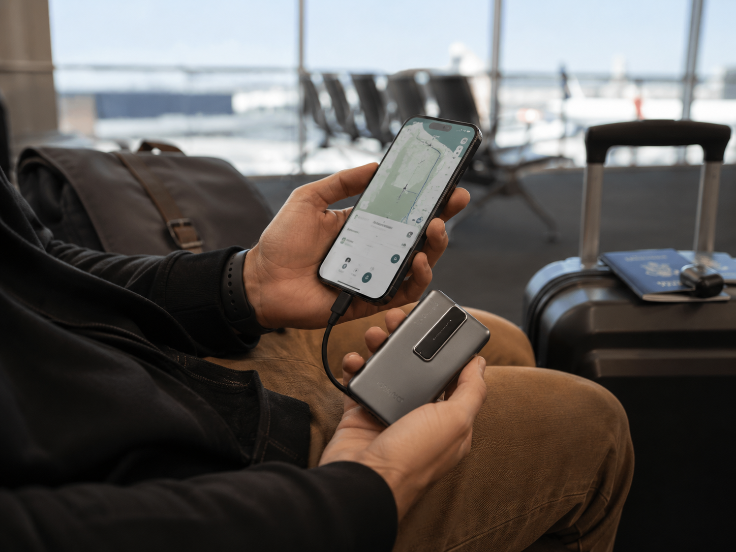 Traveler charging a phone with a compact power bank at an airport gate during a Memorial Day trip.