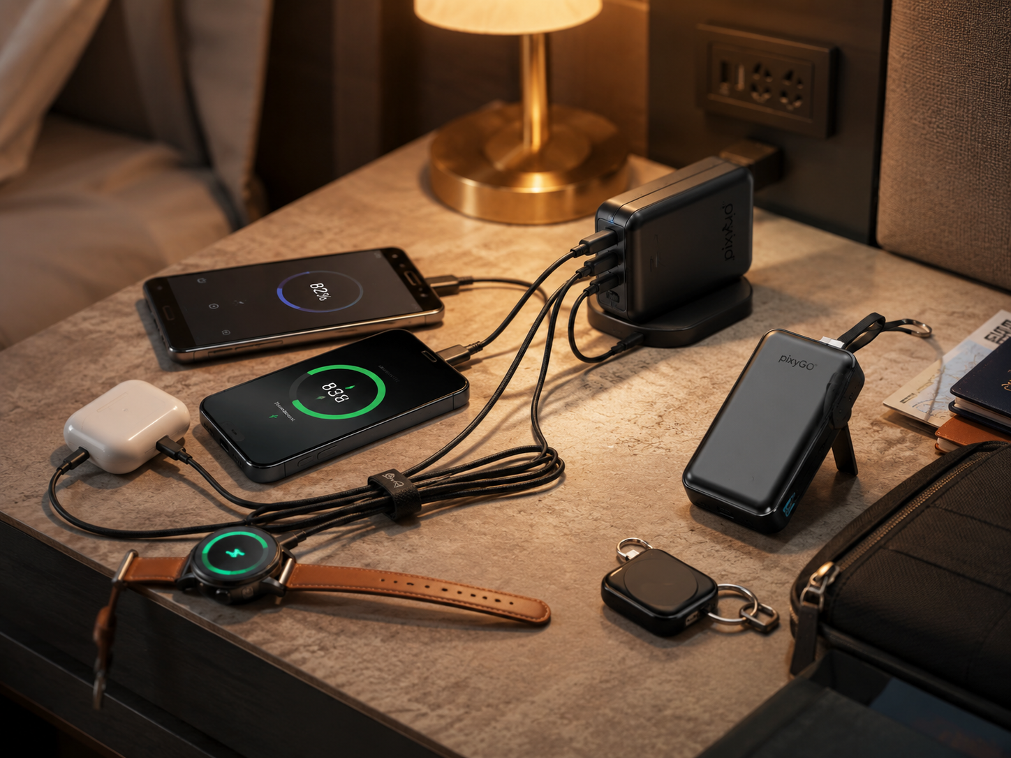 Travel charger, universal cable, phone, earbuds, and power bank arranged on a hotel nightstand for a Memorial Day trip.