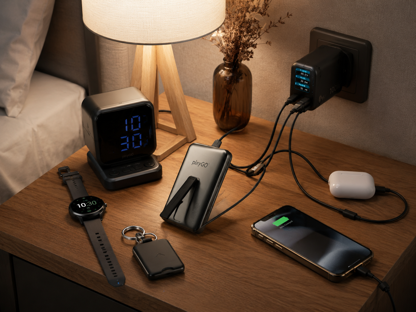 Multi-device charging setup on a hotel nightstand with phones, earbuds, smartwatch, power bank, and travel charger.
