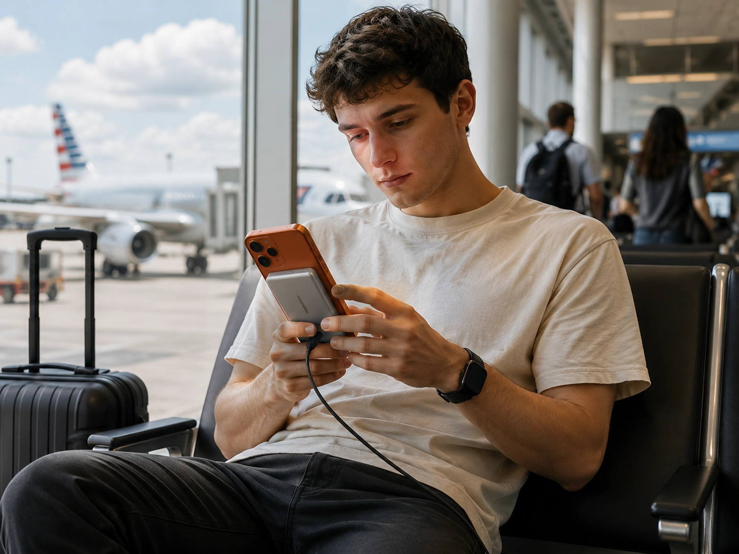 Traveler charging a phone with a compact MOVESPEED-style magnetic power bank while waiting at an airport gate.