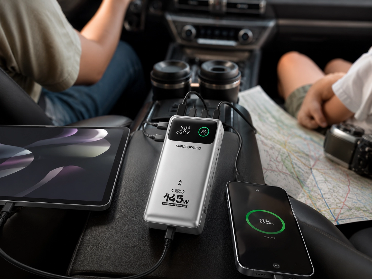 MOVESPEED-style high-capacity power bank charging phones and devices during a Memorial Day road trip.