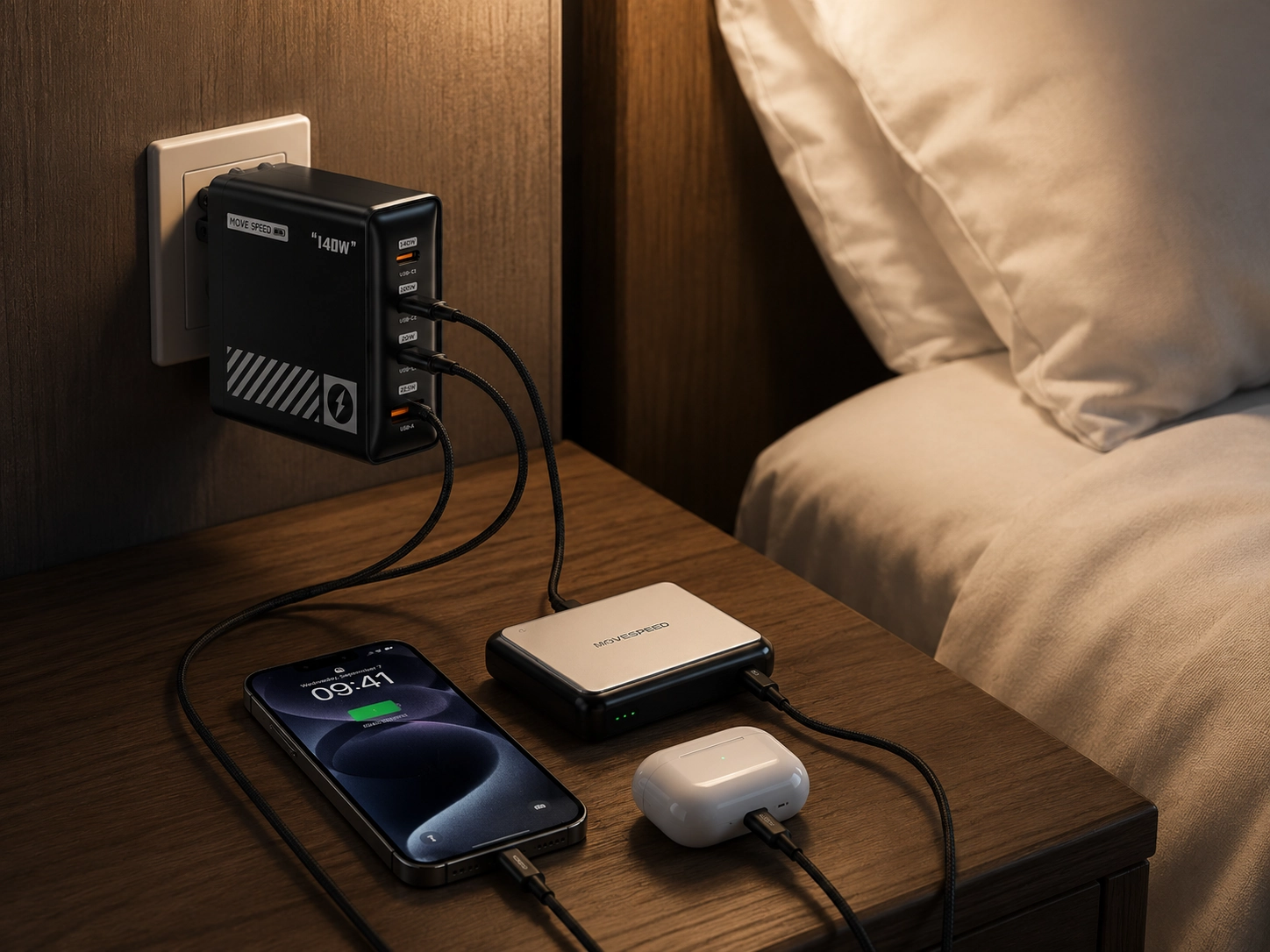 MOVESPEED-style wall charger and power bank charging a phone and earbuds on a hotel nightstand.