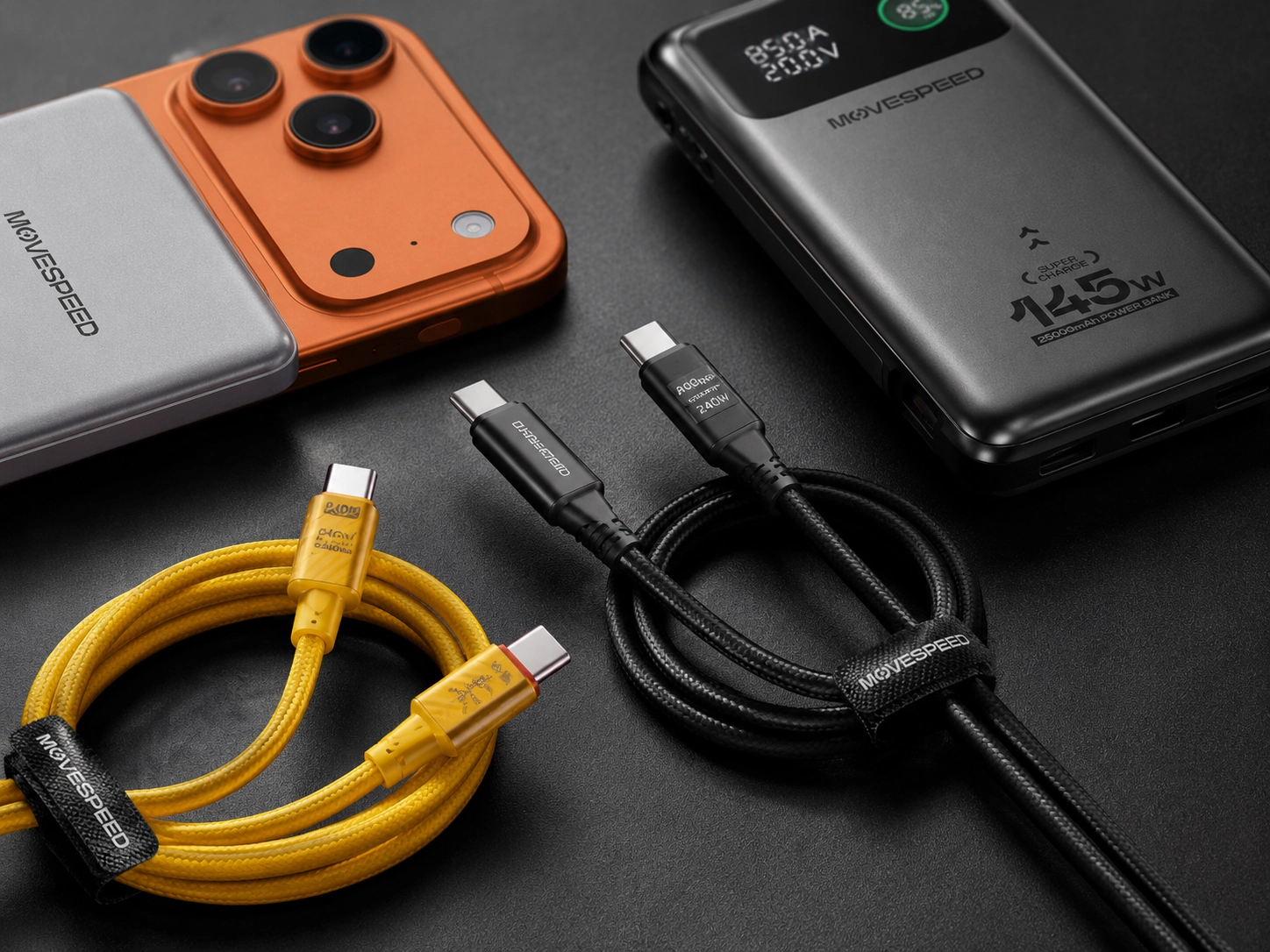 MOVESPEED-style USB-C fast charging cables beside a magnetic power bank, high-capacity power bank, and phone.