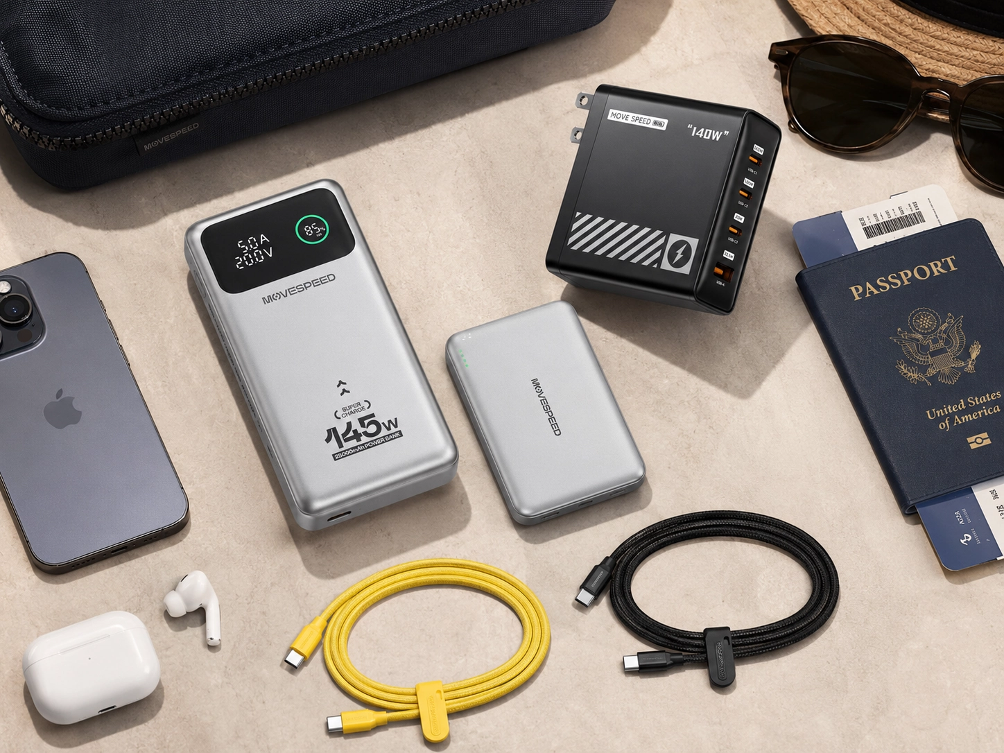 MOVESPEED-style travel charging kit with power banks, GaN charger, USB-C cables, phone, earbuds, passport, and tech pouch.