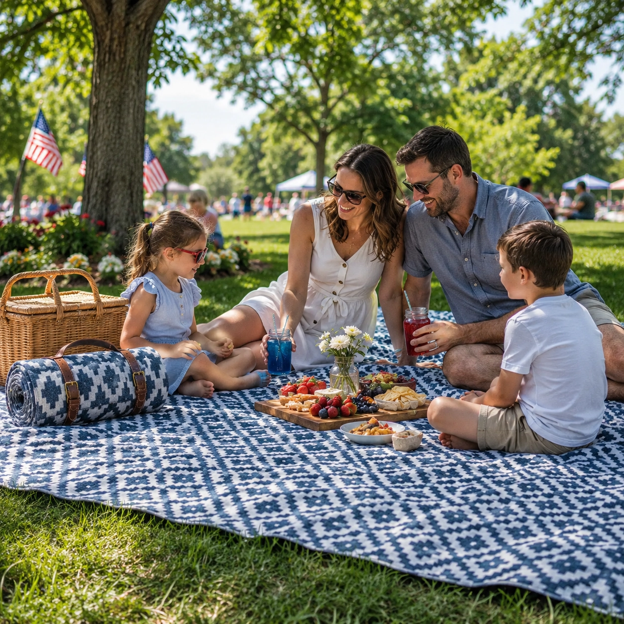 Family sitting on a Komorebi-style blue and white picnic blanket during a Memorial Day park picnic.