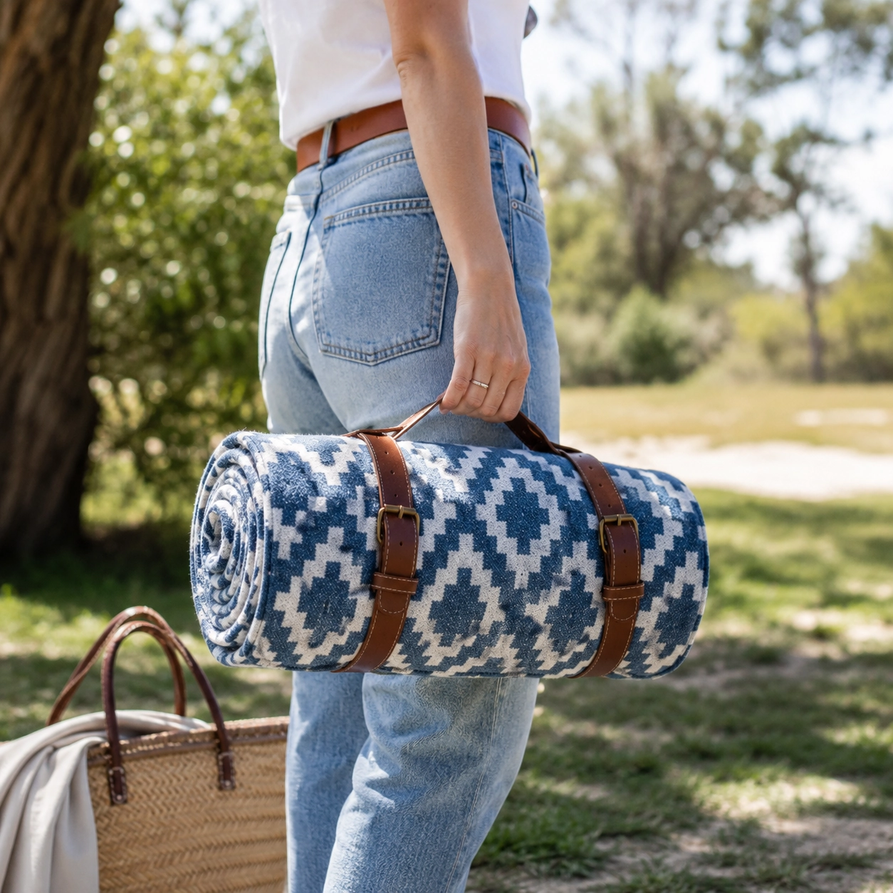 Folded Komorebi-style picnic blanket with leather carry straps beside park day essentials.
