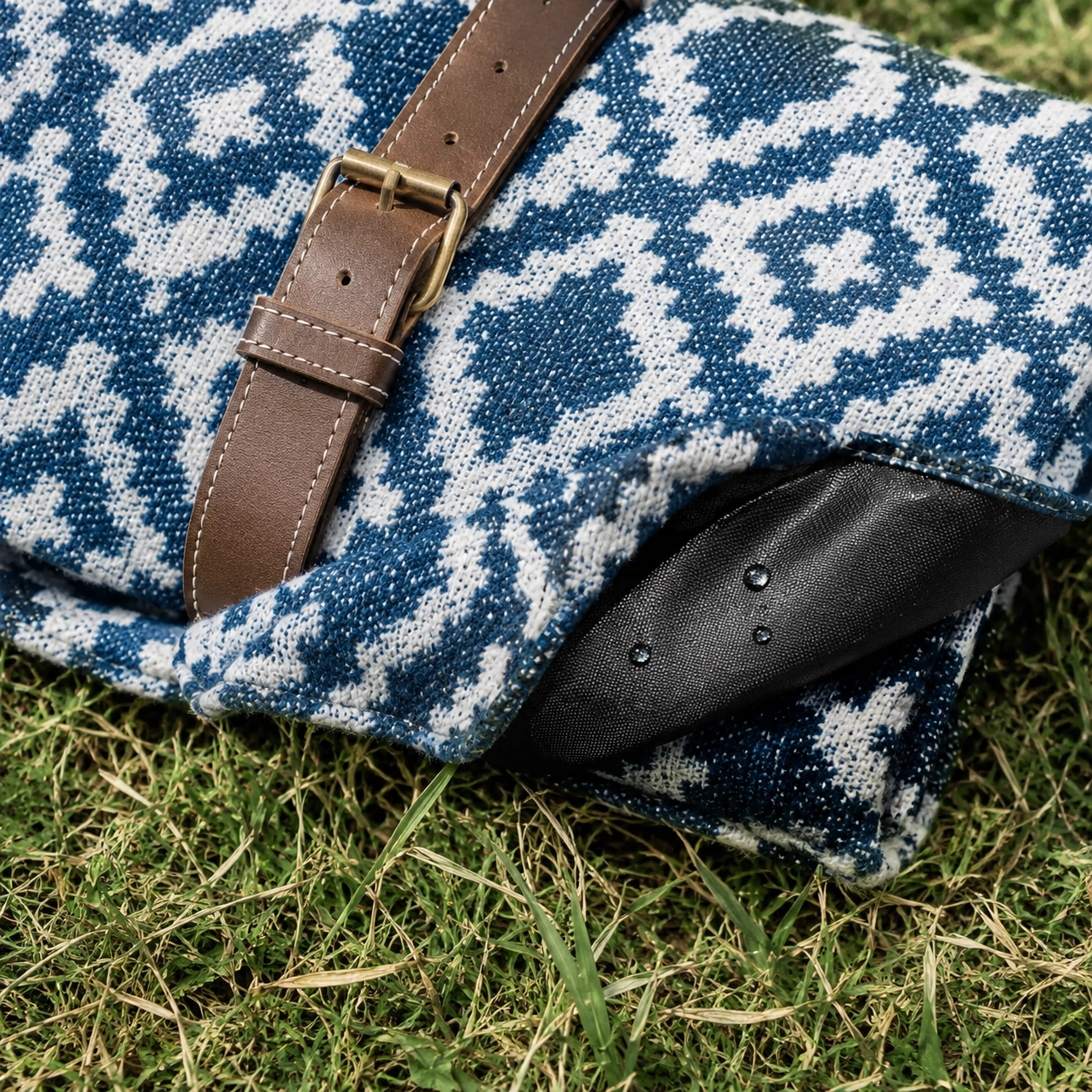 Close-up of a Komorebi-style picnic blanket showing the patterned fabric, leather strap, and waterproof backing on grass.