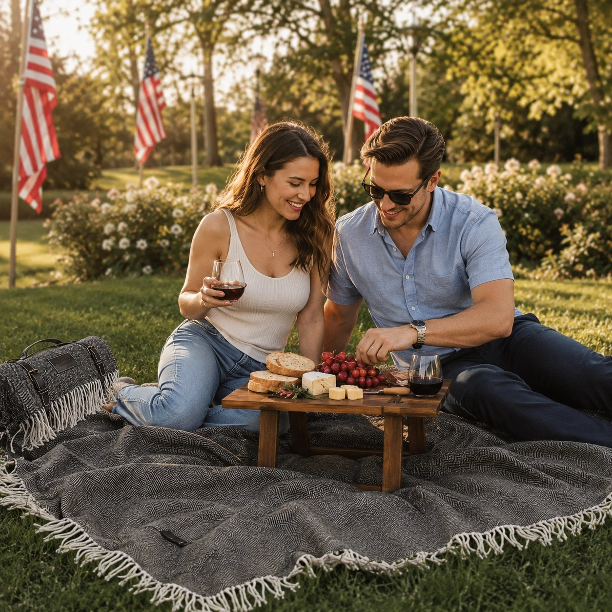 Couple enjoying a Memorial Day picnic on a Komorebi-style herringbone picnic blanket in a sunny park.