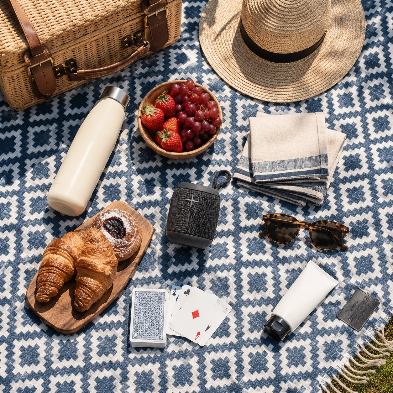 Memorial Day picnic checklist setup with Komorebi-style blanket, picnic basket, snacks, drinks, sunscreen, sunglasses, and outdoor accessories.