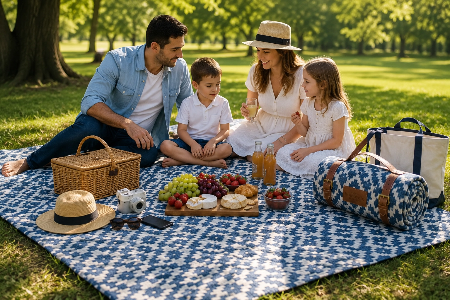 Family picnic setup on a large Komorebi-style patterned blanket in a sunny park.