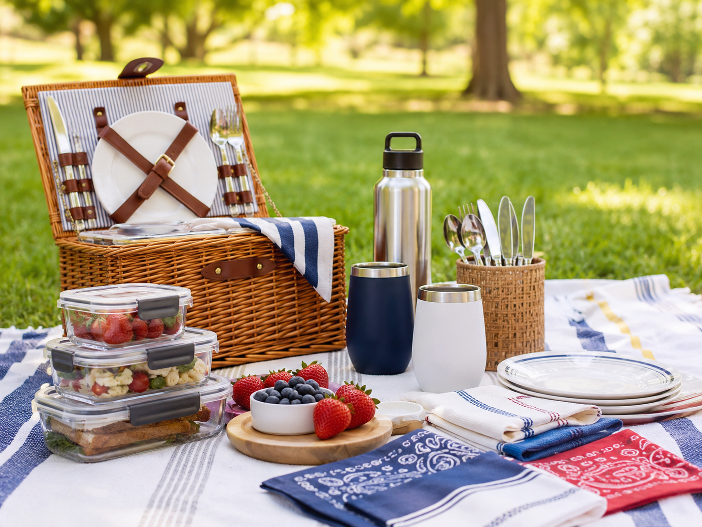 Memorial Day picnic spread in the park with drinks, snacks, and a cooler-friendly outdoor setup.