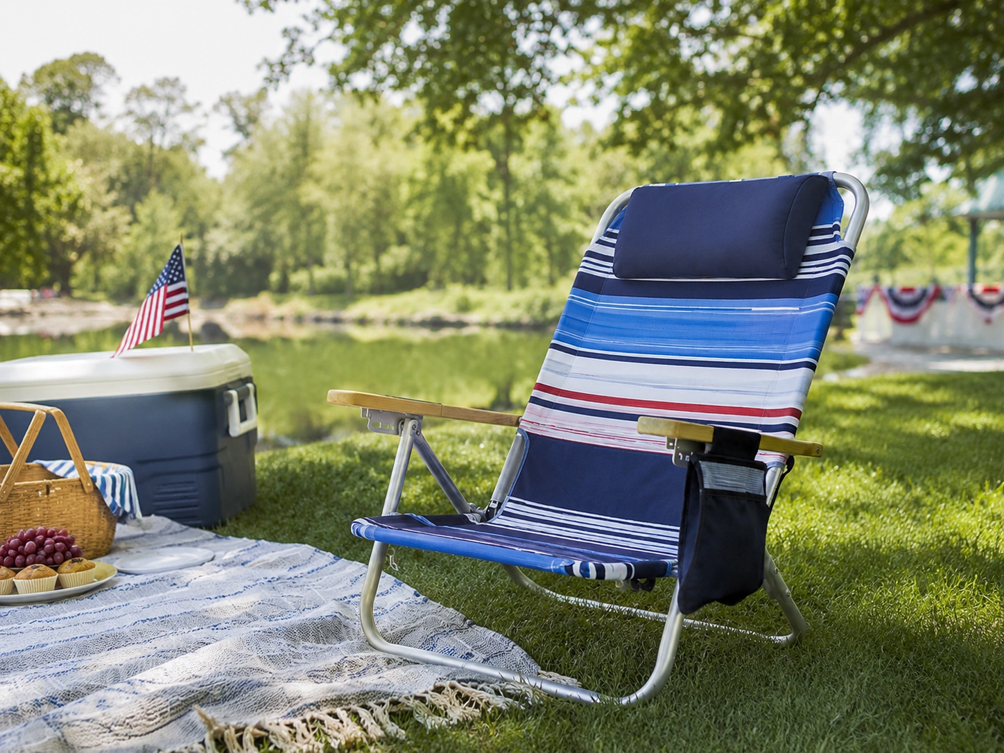 Memorial Day picnic setup by the lakeside with summer essentials and a relaxed outdoor atmosphere.