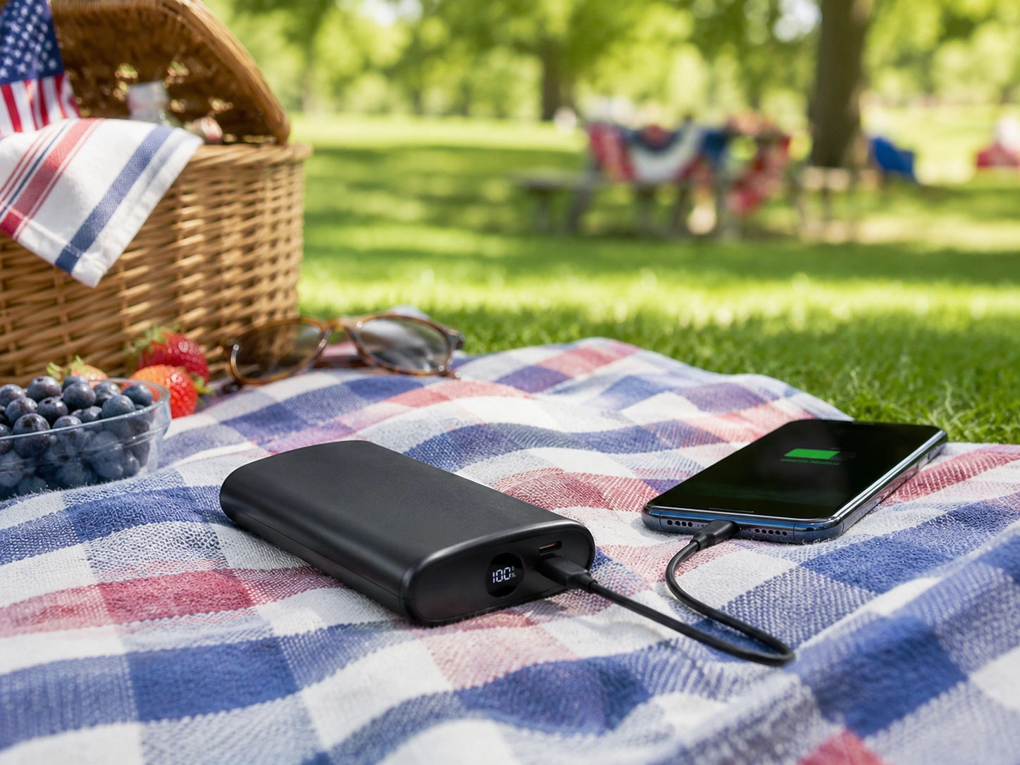 Portable charger used in a sunny Memorial Day picnic setup with phone and outdoor essentials.