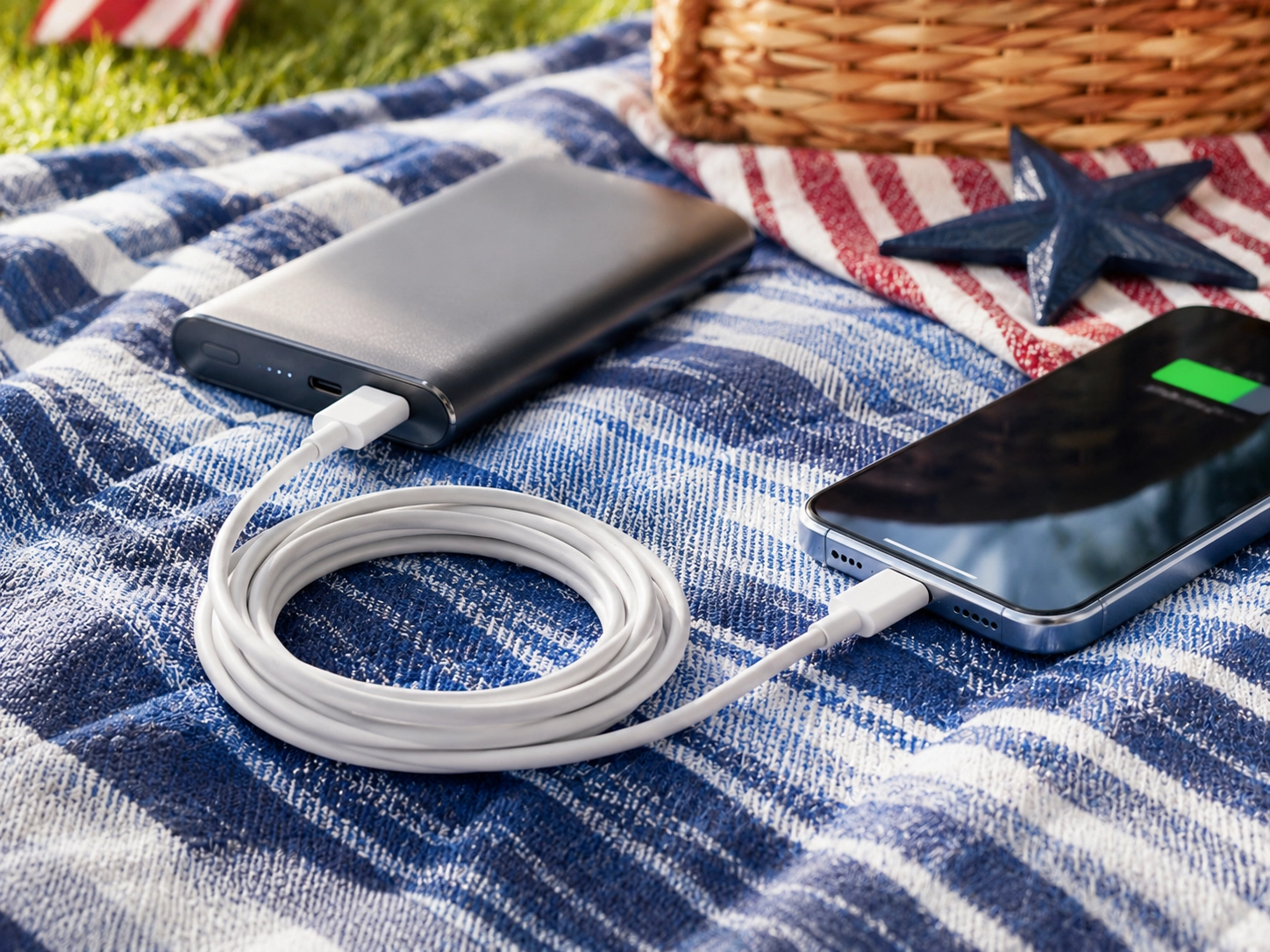 Charging cable and portable devices arranged in a picnic setup for Memorial Day travel and outdoor use.