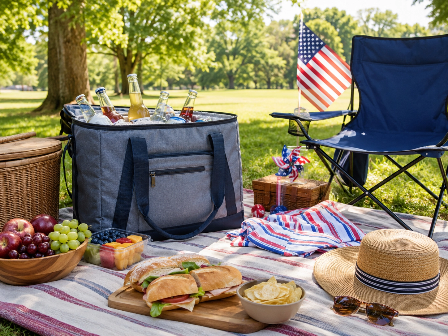 Patriotic Memorial Day park picnic setup with a low outdoor chair and summer essentials.
