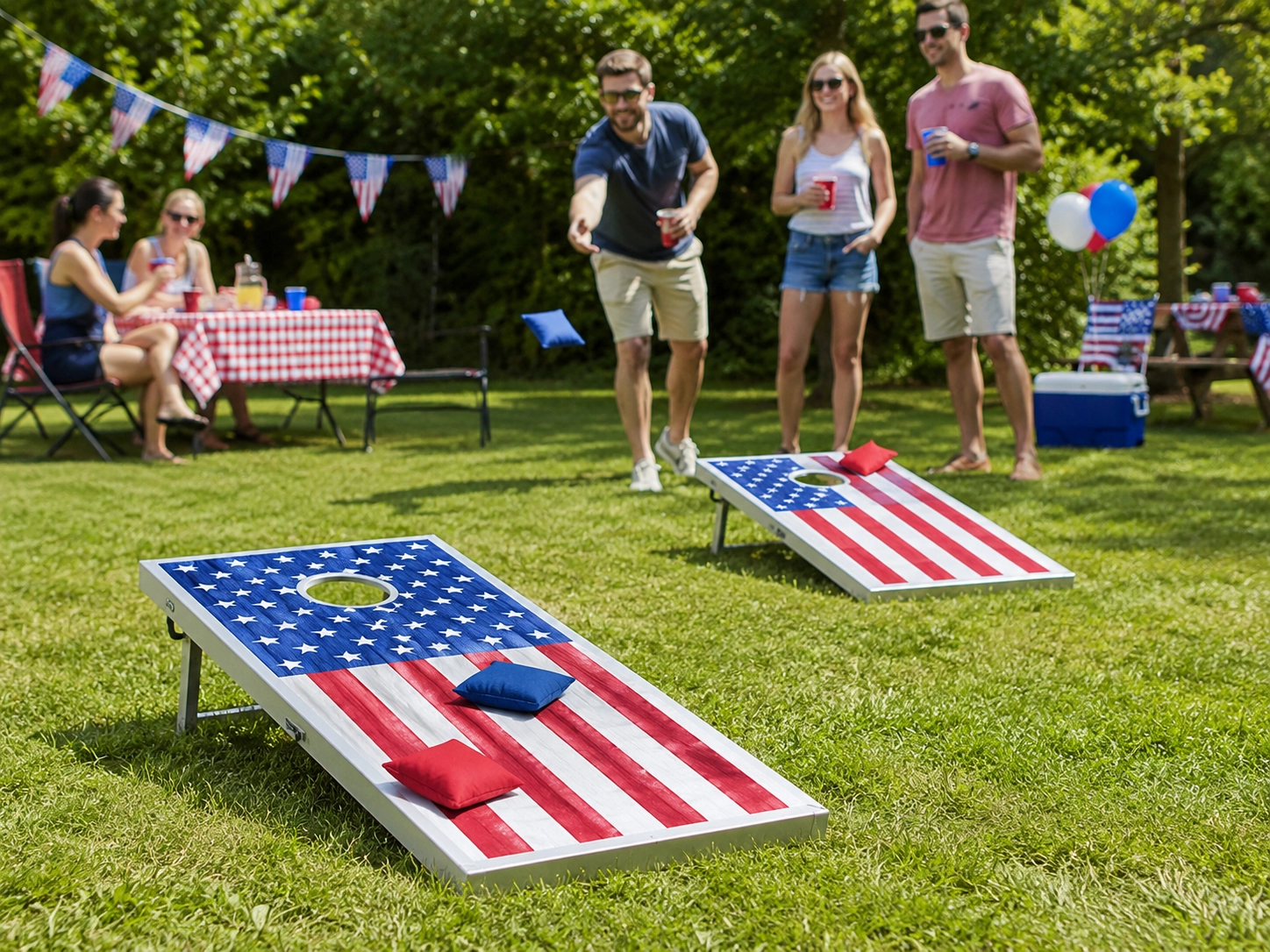 Friends enjoying cornhole at a patriotic Memorial Day barbecue and outdoor gathering.