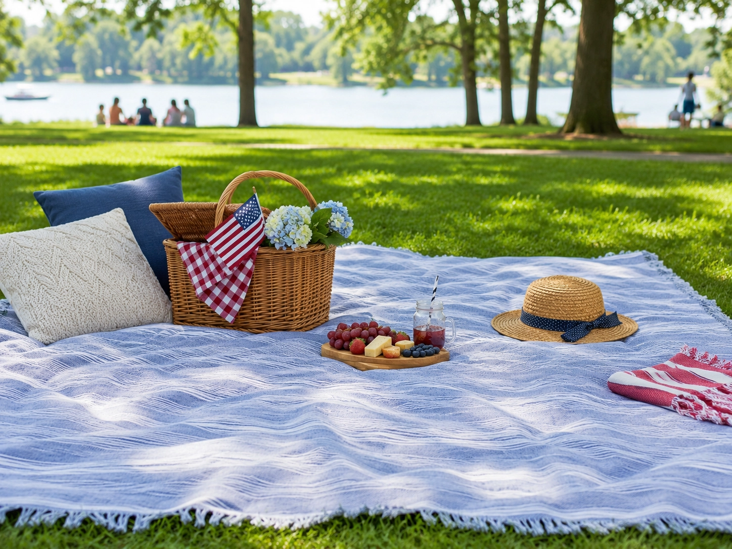 Patriotic picnic setup with summer treats and outdoor accessories for a Memorial Day weekend gathering.