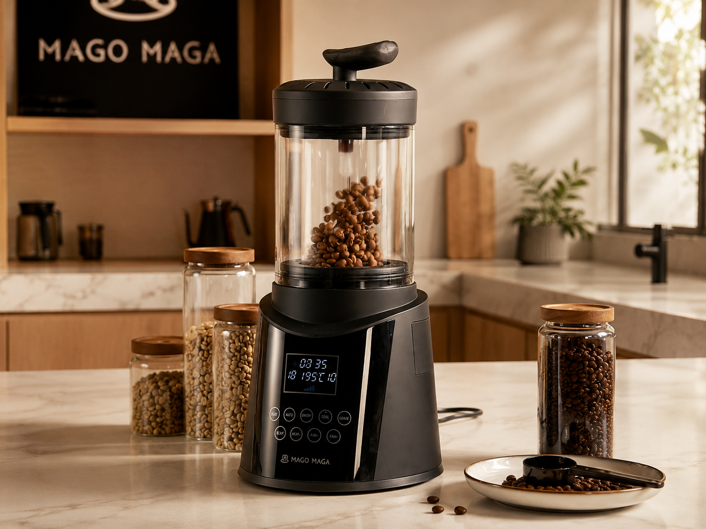 Mago Maga-style home coffee roaster with green coffee beans, roasted beans, and a fresh coffee setup on a kitchen counter.