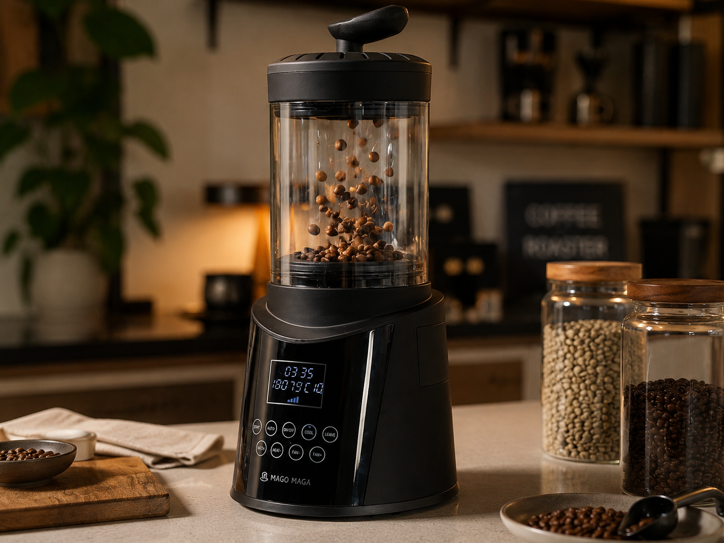 Mago Maga-style home coffee roaster showing coffee beans during a small-batch roasting process.