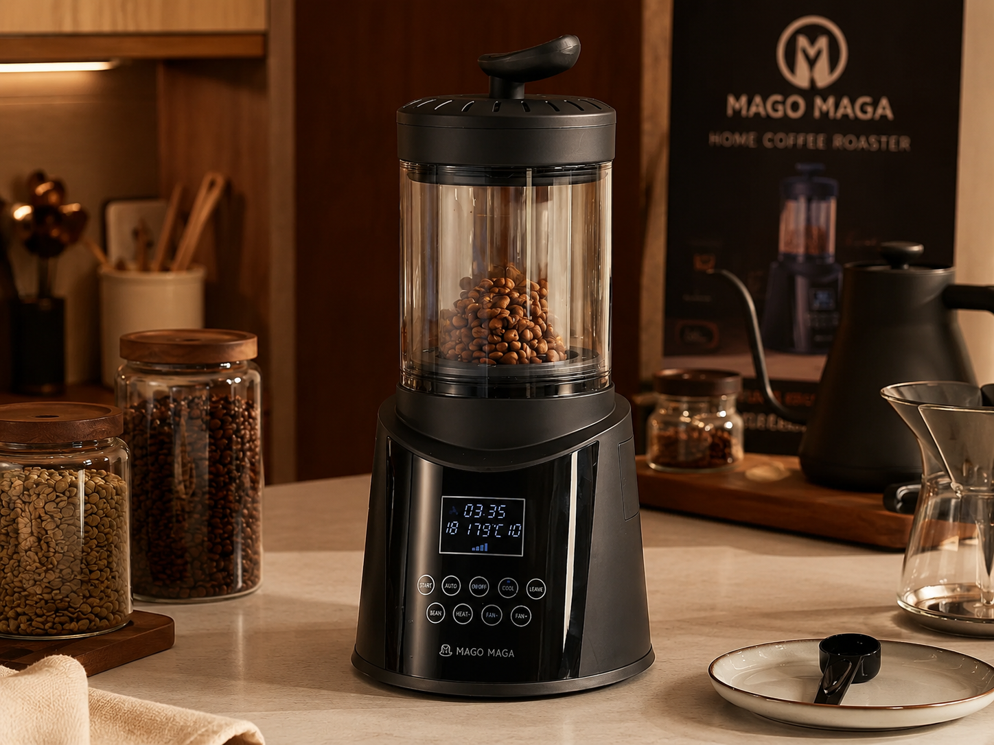 Mago Maga-style coffee roaster with transparent chamber, control panel, and jars of green and roasted coffee beans.