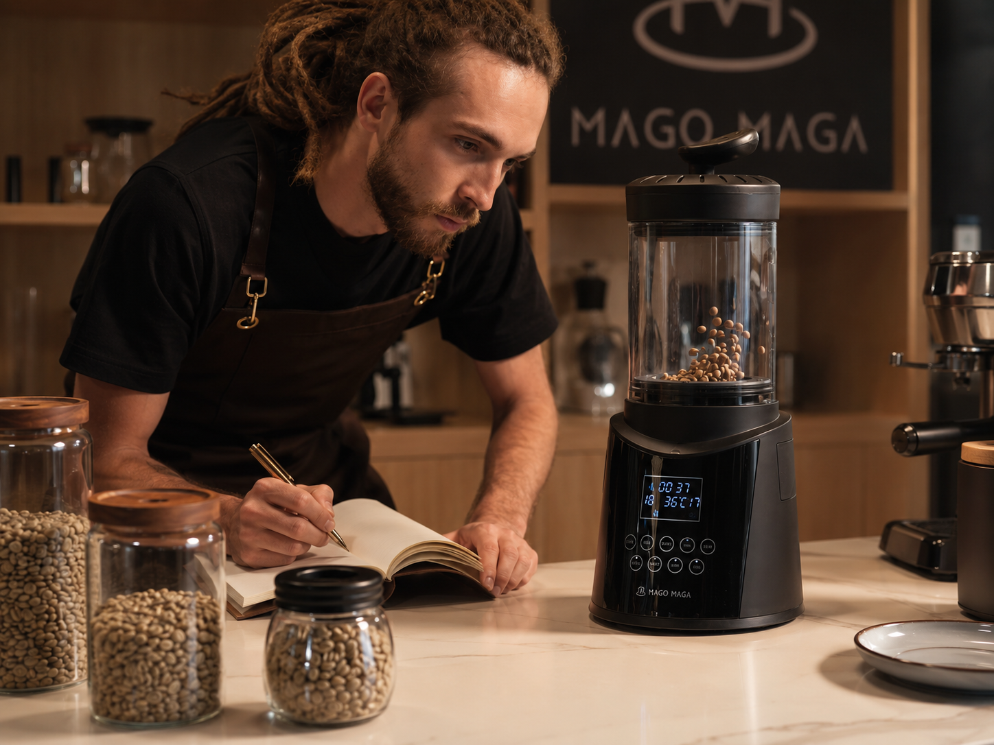 Coffee roaster user taking notes while monitoring a Mago Maga-style home coffee roaster.