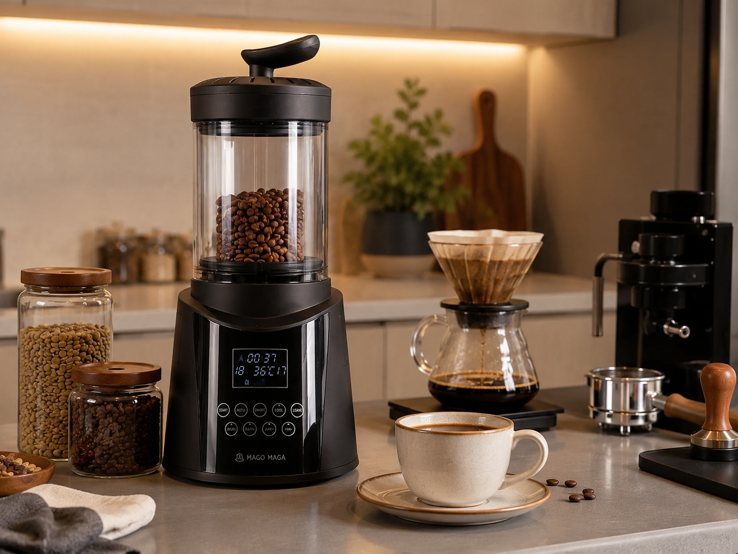 Home coffee routine with a Mago Maga-style roaster, freshly roasted beans, pour-over coffee, grinder, and cup of coffee.