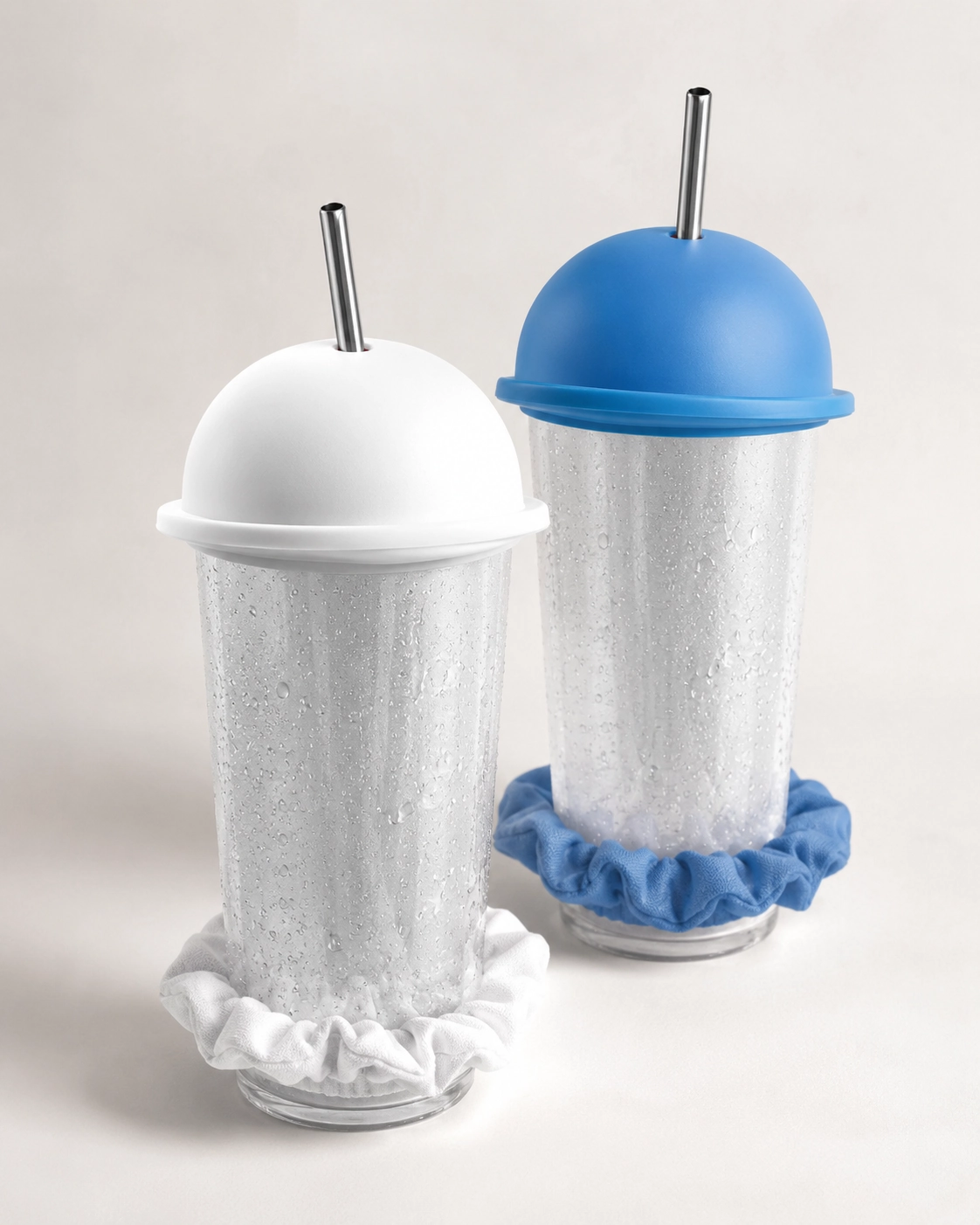 NightCap-style cup covers on cold tumblers with white and blue designs.