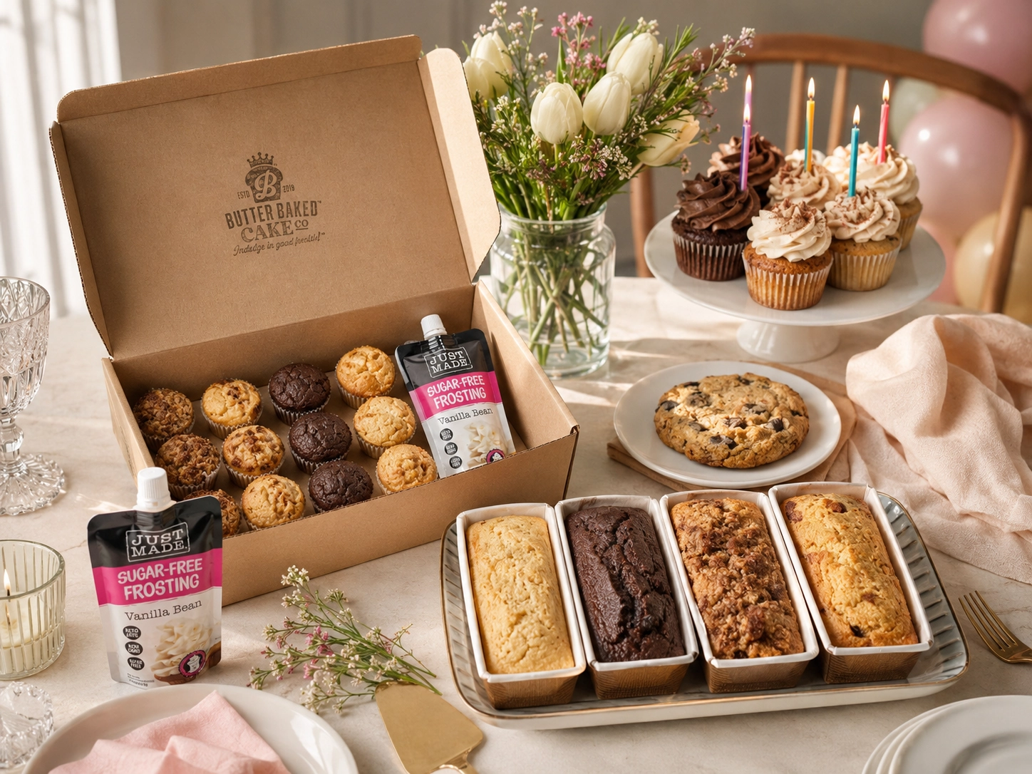 Butter Baked Cake Co-style dessert table with muffins, loaf cakes, frosting, and better-for-you treats for a celebration.