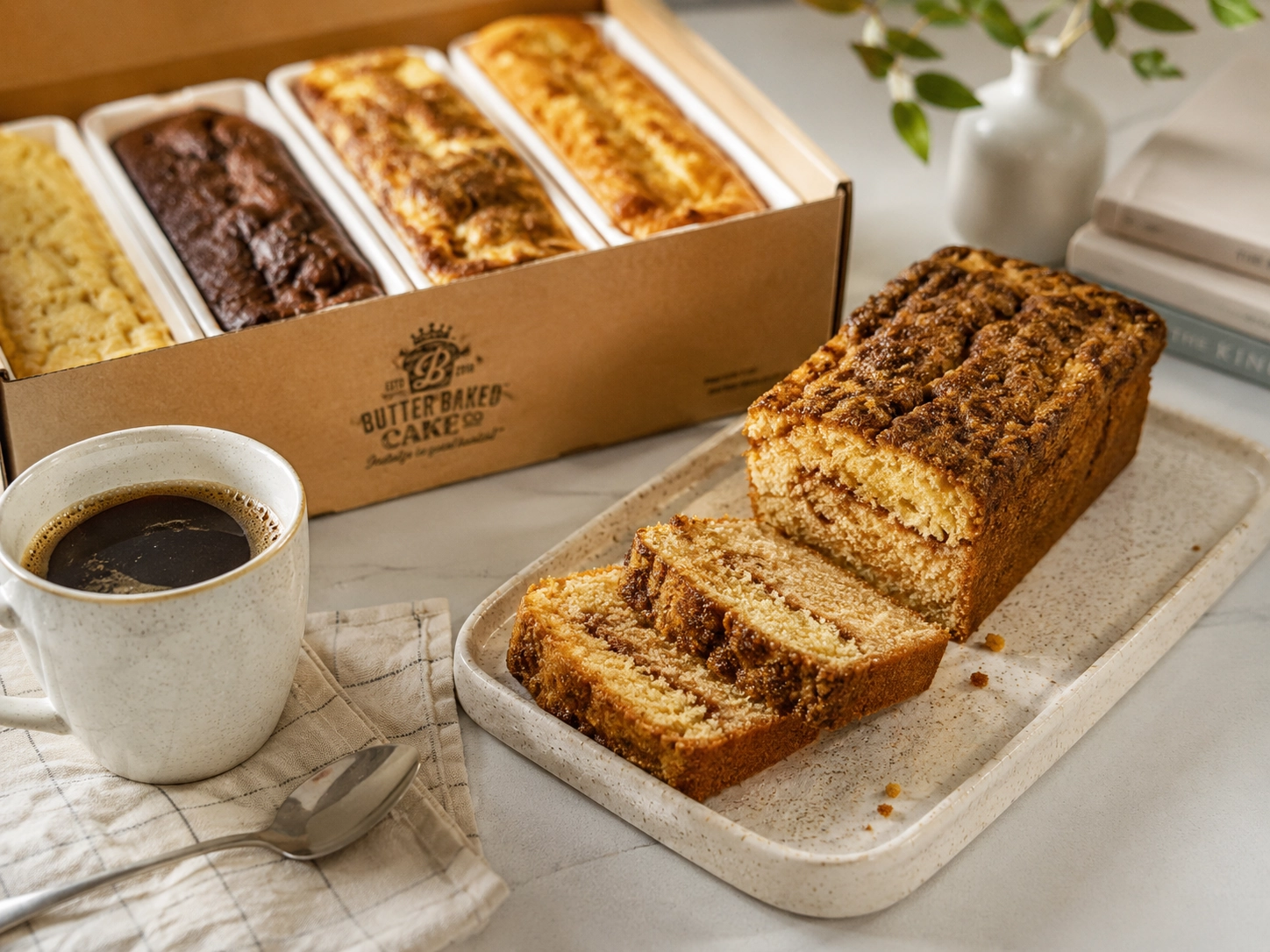 Sliced loaf cake with coffee and Butter Baked Cake Co-style packaging for a better-for-you dessert break.