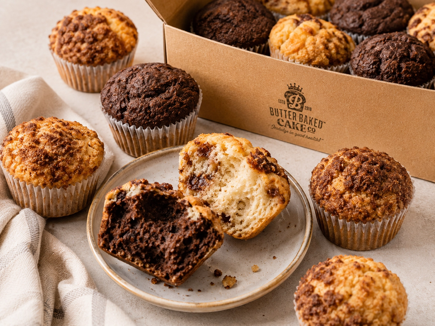 Butter Baked Cake Co-style muffins in multiple flavors with a branded dessert box.