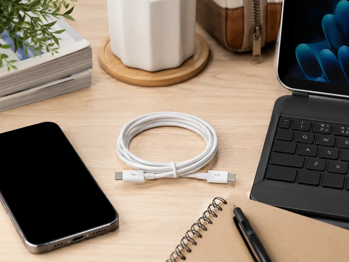 White USB-C to USB-C fast charging cable placed beside a phone and tablet for summer travel tech.