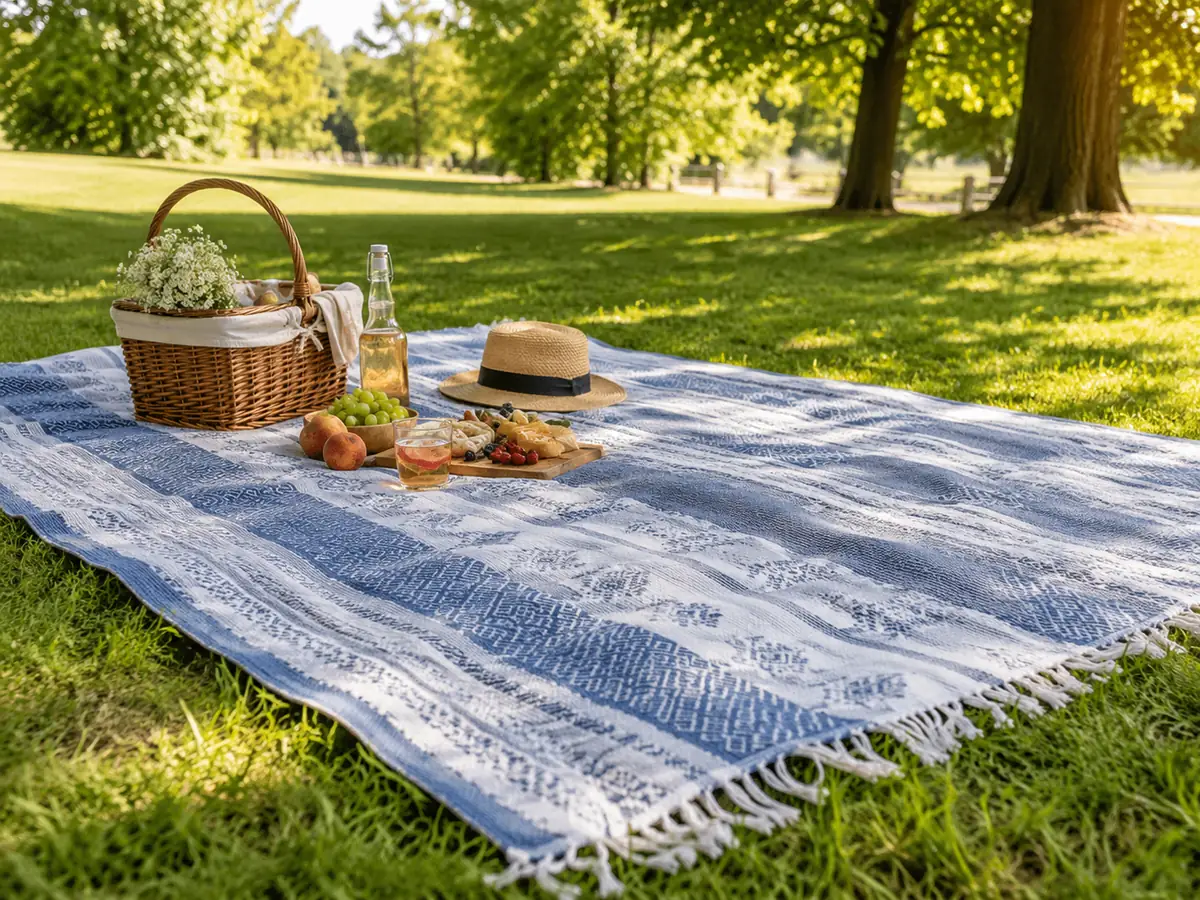 Large blue picnic blanket spread out on grass with a picnic basket, drinks, fruit, and summer park essentials.