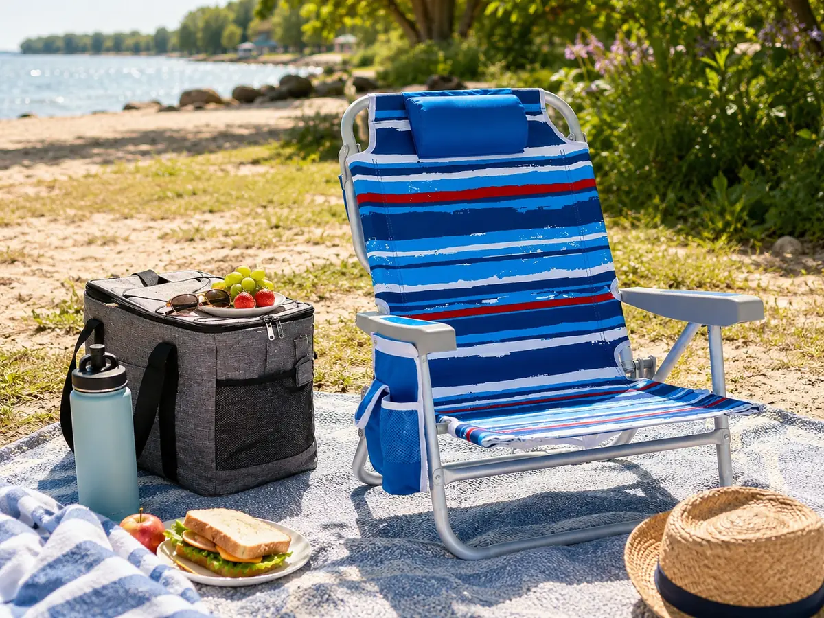 Blue low beach chair set up near the water with a cooler, picnic blanket, and summer outdoor essentials.
