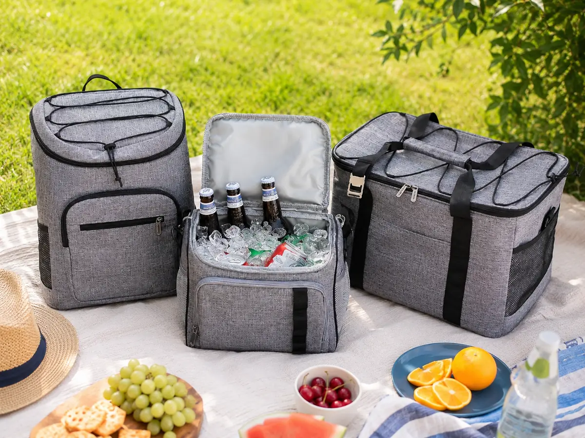 Soft insulated cooler bags filled with drinks and ice for a summer picnic or outdoor gathering.