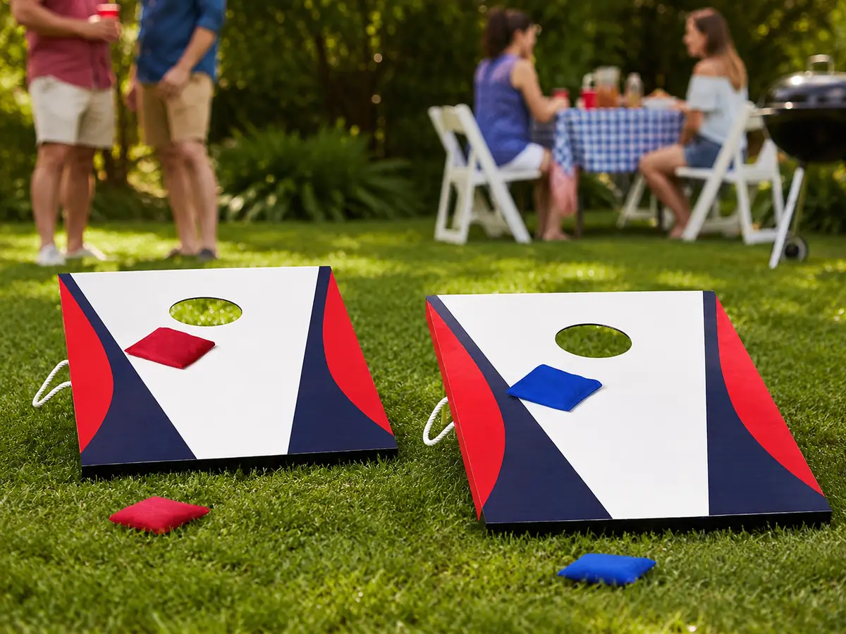 Portable cornhole boards with red and blue bean bags set up on grass for a summer backyard game.