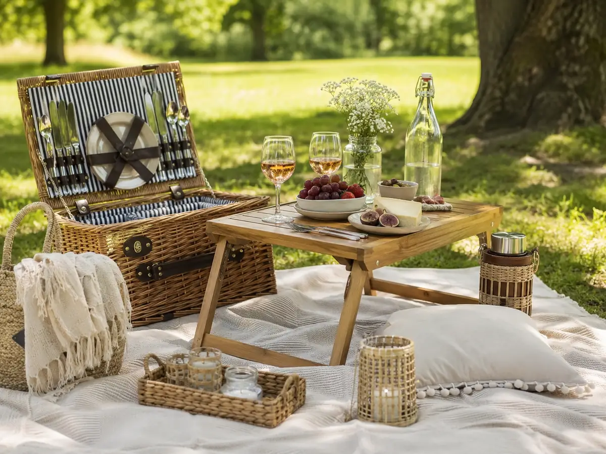 Picnic basket, small outdoor table, drinkware, fruit, and picnic accessories arranged on a blanket in a sunny park.