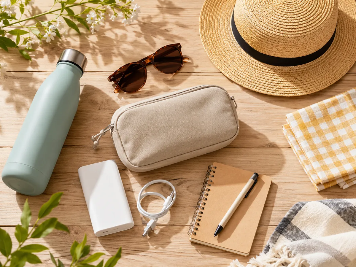 Summer essentials laid out on a wooden table with a water bottle, sunglasses, hat, power bank, cable, notebook, and picnic cloth.