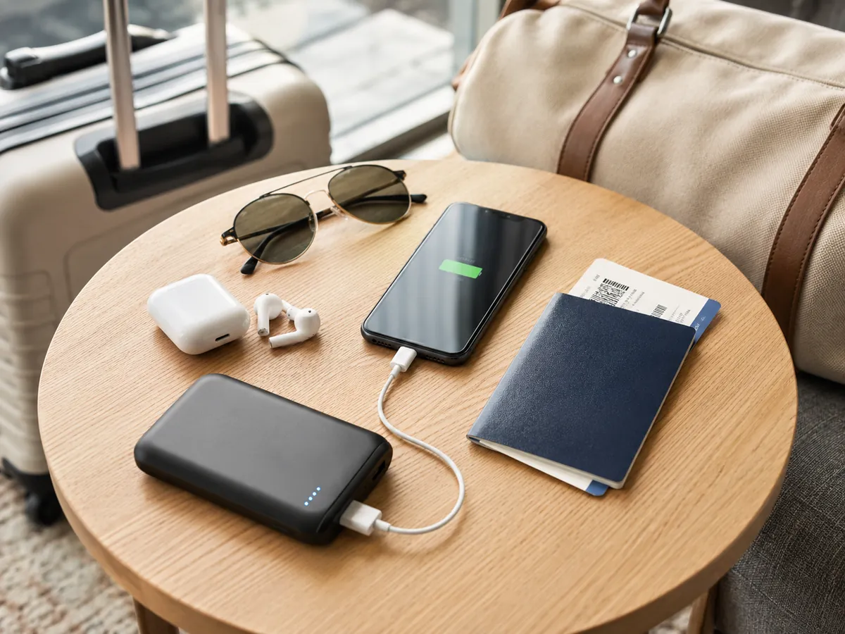 Travel essentials on a table with luggage, passport, sunglasses, earbuds, phone, and portable charger.